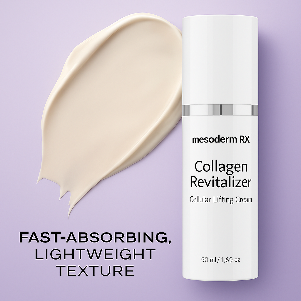 Collagen Revitalizer bottle beside a swatch of the cream